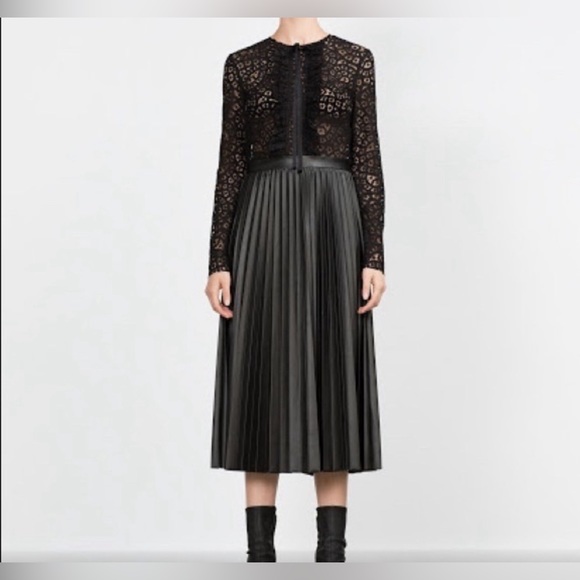 NWT Zara Black Lace Faux MIDI Leather Dress w Pleated Skirt 4222 243 800 XS - Picture 1 of 8